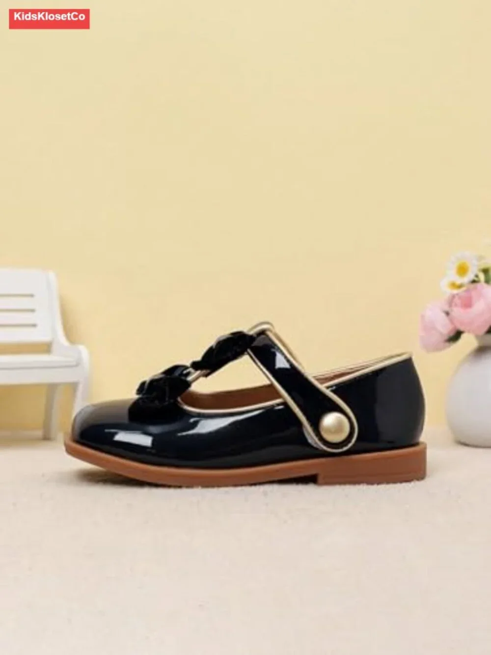 Girls Patent Leather Mary Jane Flats with Velvet Bows Square Toe Dress Shoes